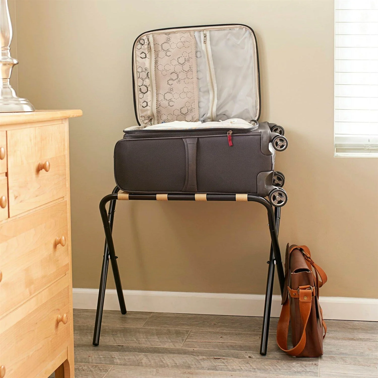 Black Metal Folding Luggage Rack with Khaki Fabric Straps - Image 2
