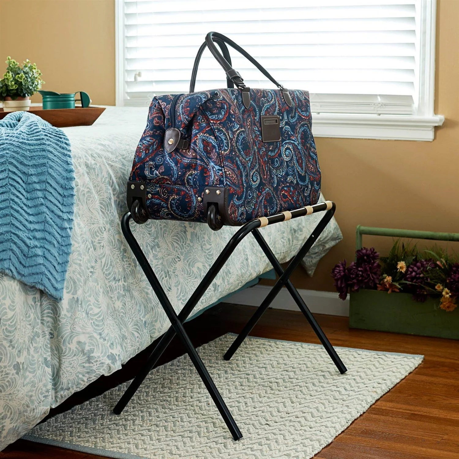 Black Metal Folding Luggage Rack with Khaki Fabric Straps - Image 3