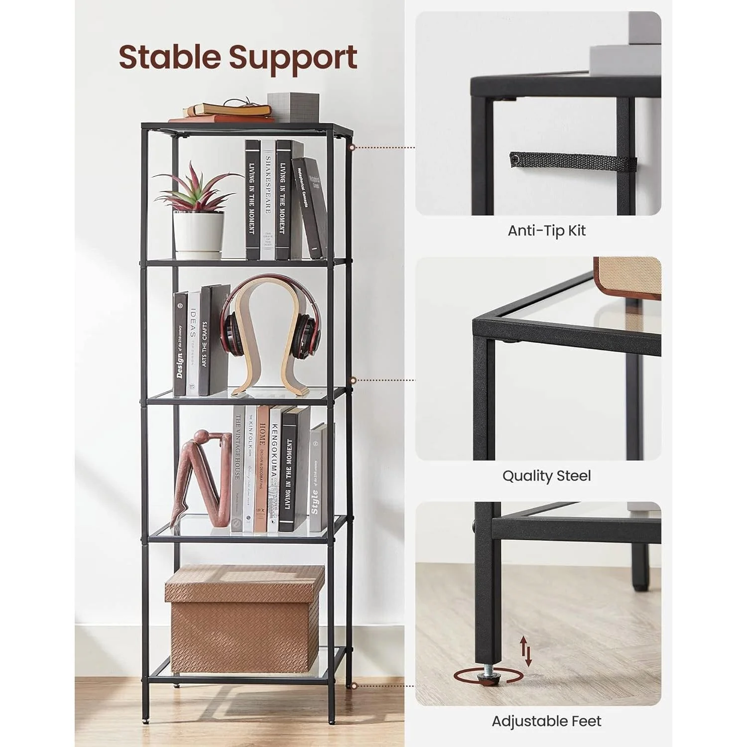 Black Metal Frame Glass Shelf Bookcase 4-Shelves Shelving Unit - Image 3