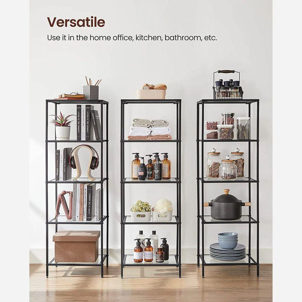 Black Metal Frame Glass Shelf Bookcase 4-Shelves Shelving Unit - Image 4