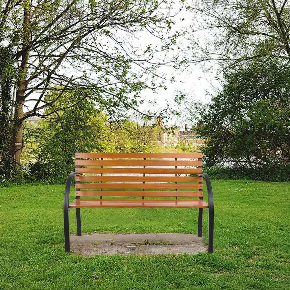 Black Metal Frame Outdoor Wood Slat Garden Bench with Curved Armrests - Image 4