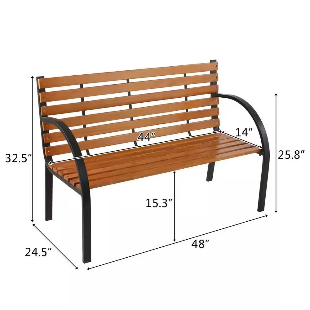 Black Metal Frame Outdoor Wood Slat Garden Bench with Curved Armrests - Image 5