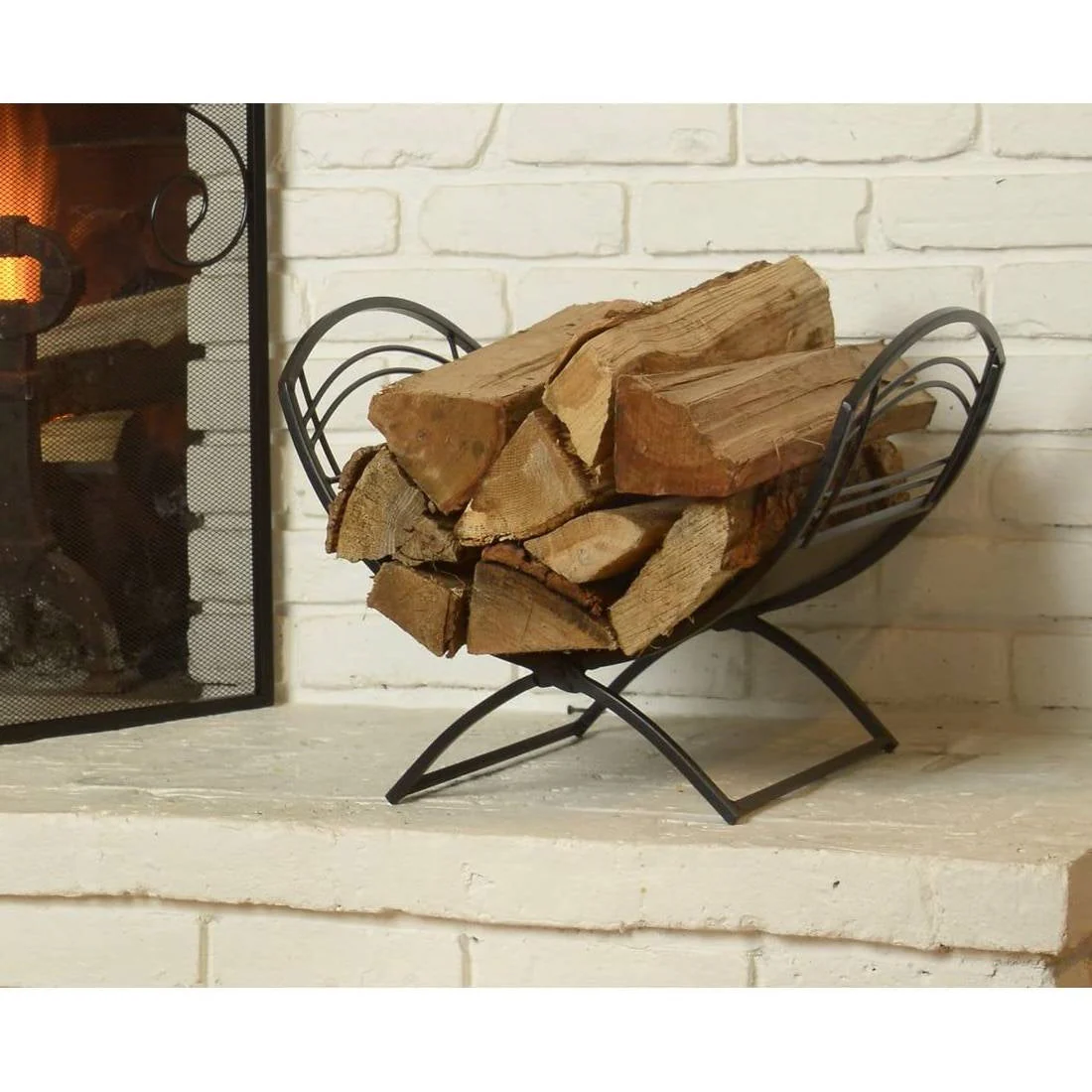 Black Metal Indoor Outdoor Farmhouse Firewood Holder Log Rack - Image 3