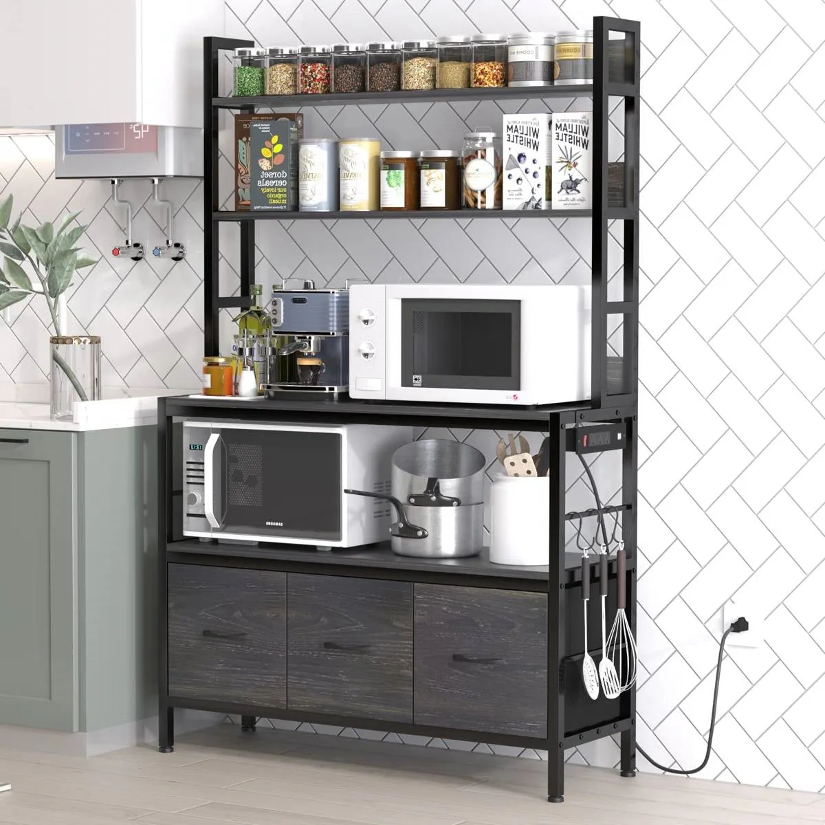 Black Metal Kitchen Baker's Rack 4-Shelves with Bottom Storage Cabinets - Image 2