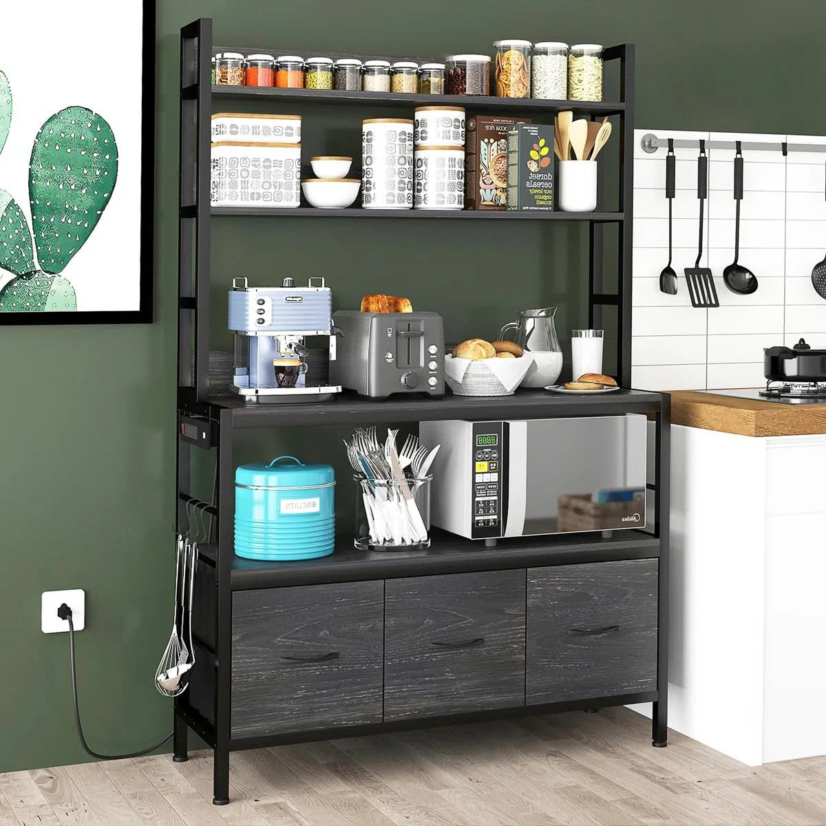 Black Metal Kitchen Baker's Rack 4-Shelves with Bottom Storage Cabinets - Image 3