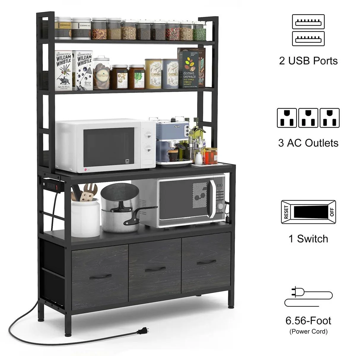 Black Metal Kitchen Baker's Rack 4-Shelves with Bottom Storage Cabinets - Image 4