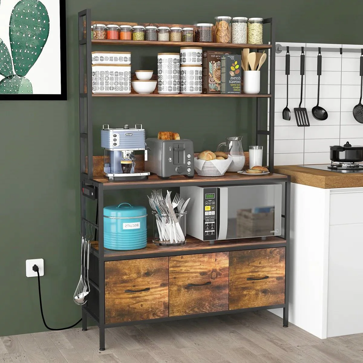 Black Metal Kitchen Baker's Rack with Brown Wood Shelves and Storage Cabinets - Image 2
