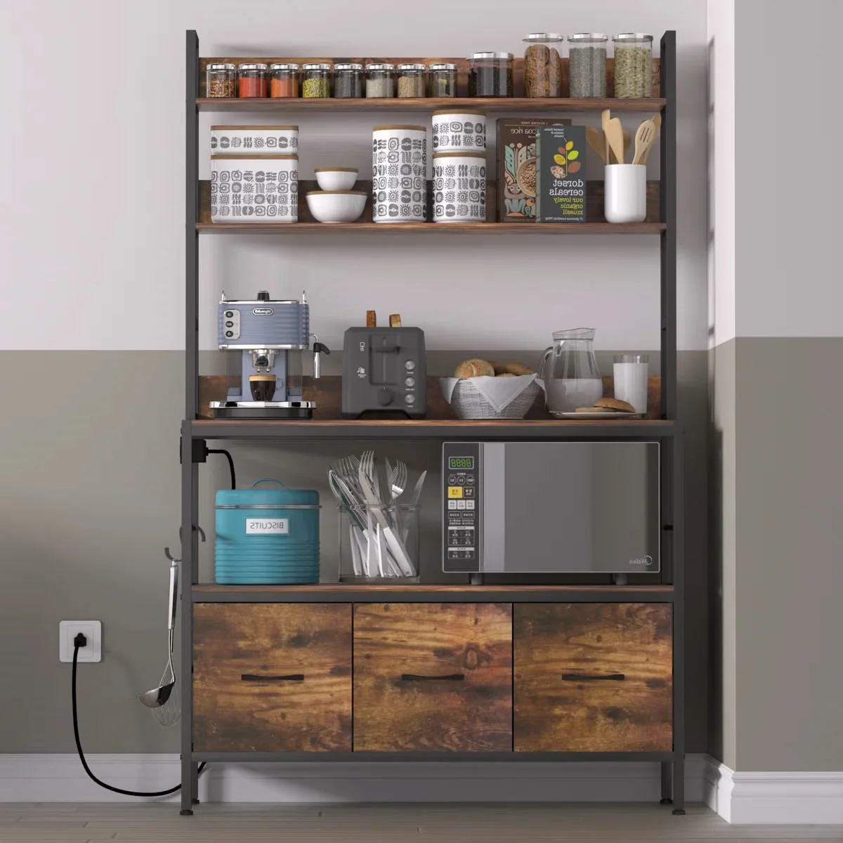 Black Metal Kitchen Baker's Rack with Brown Wood Shelves and Storage Cabinets - Image 3