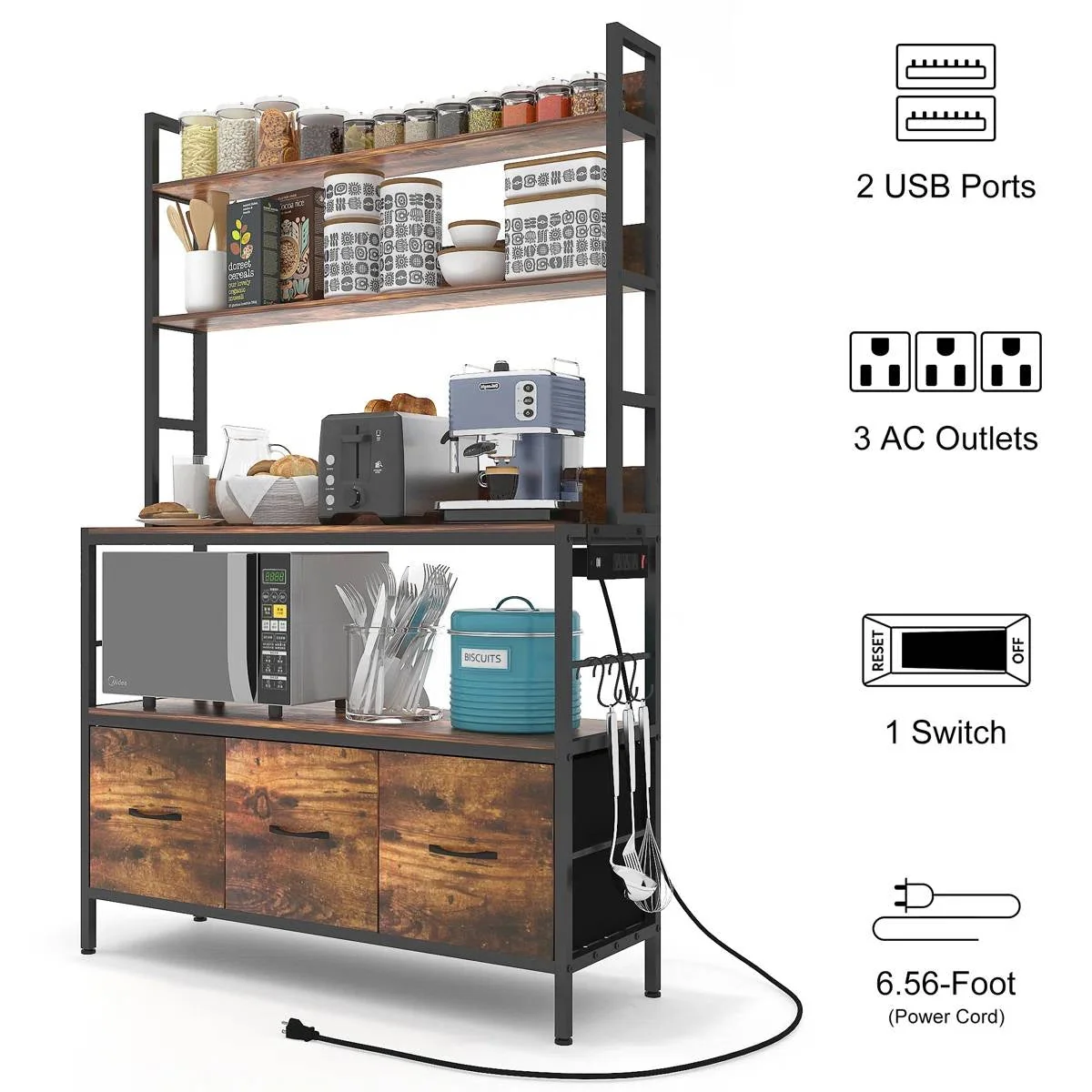 Black Metal Kitchen Baker's Rack with Brown Wood Shelves and Storage Cabinets - Image 4