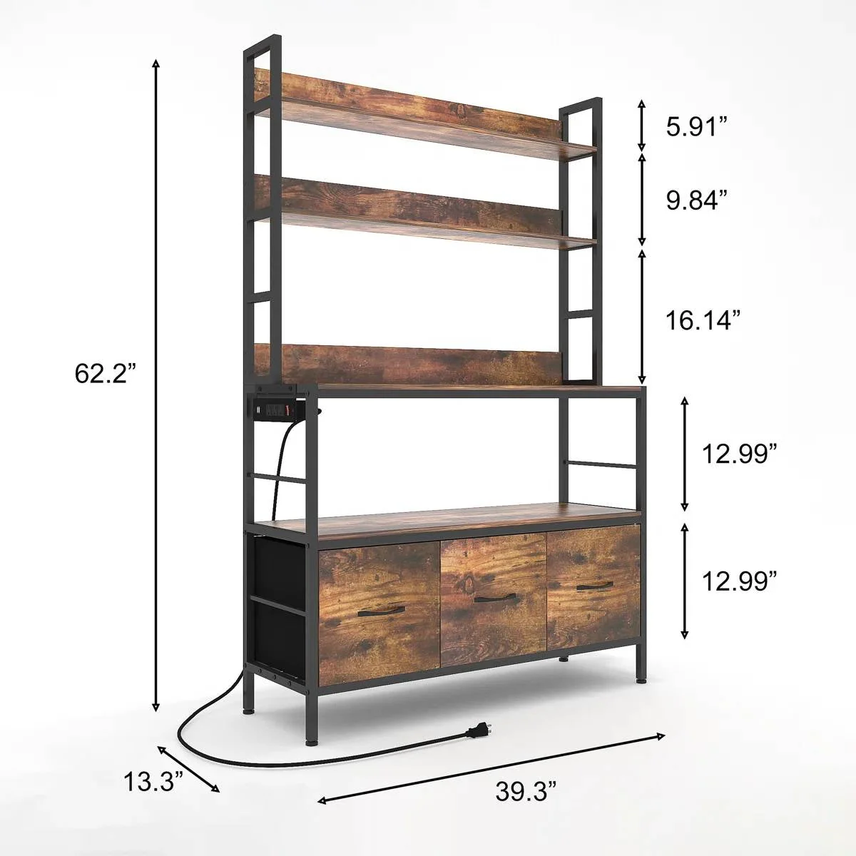 Black Metal Kitchen Baker's Rack with Brown Wood Shelves and Storage Cabinets - Image 5