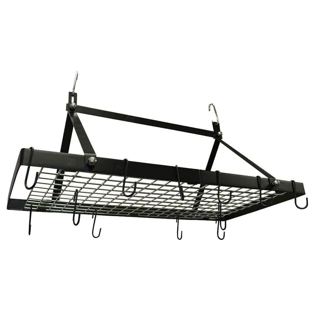 Black Metal Rectangular Pot Rack with 12 Hanging Hooks - Holds up to 40 lbs. - Image 2
