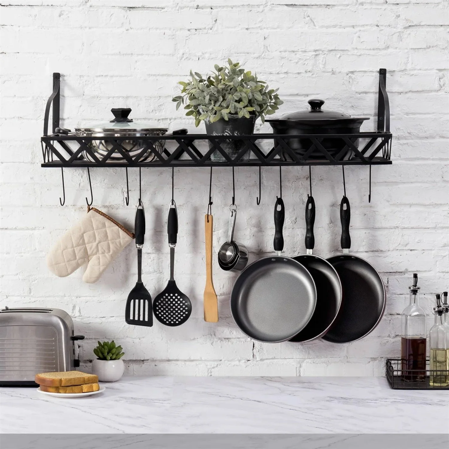 Black Metal Rectangular Wall Mounted Kitchen Pot Rack with 12 Hanging Hooks - Image 2