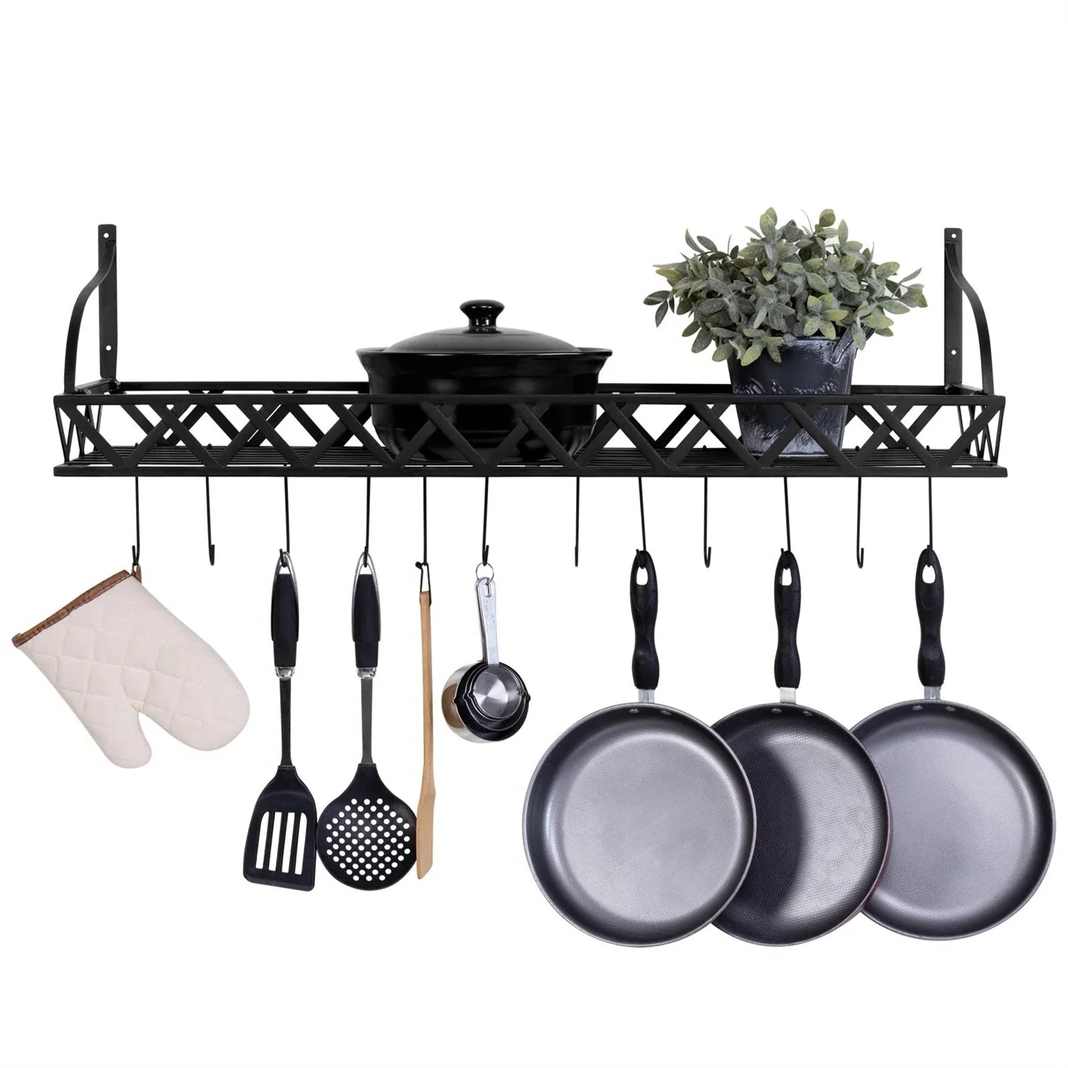 Black Metal Rectangular Wall Mounted Kitchen Pot Rack with 12 Hanging Hooks - Image 3
