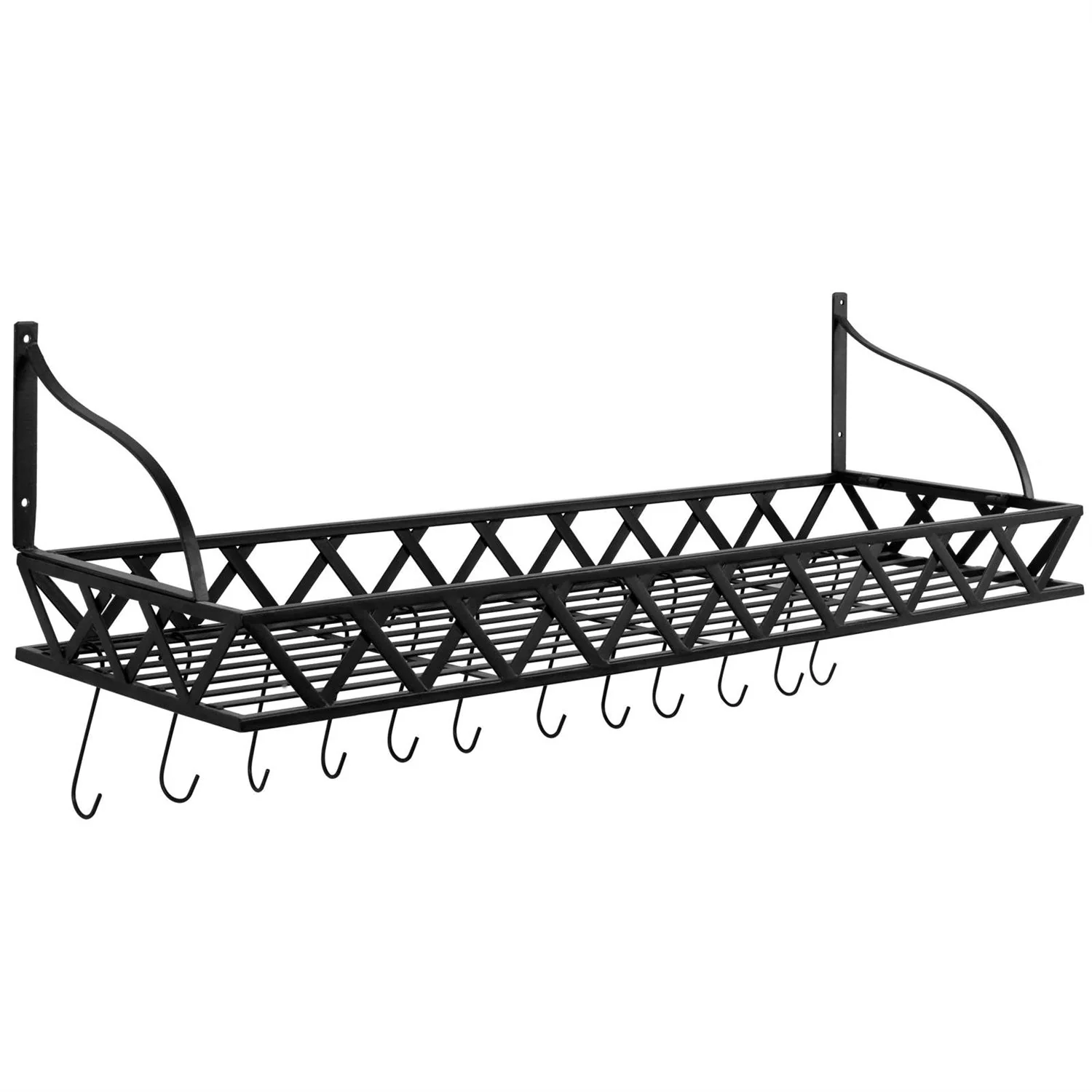Black Metal Rectangular Wall Mounted Kitchen Pot Rack with 12 Hanging Hooks - Image 4