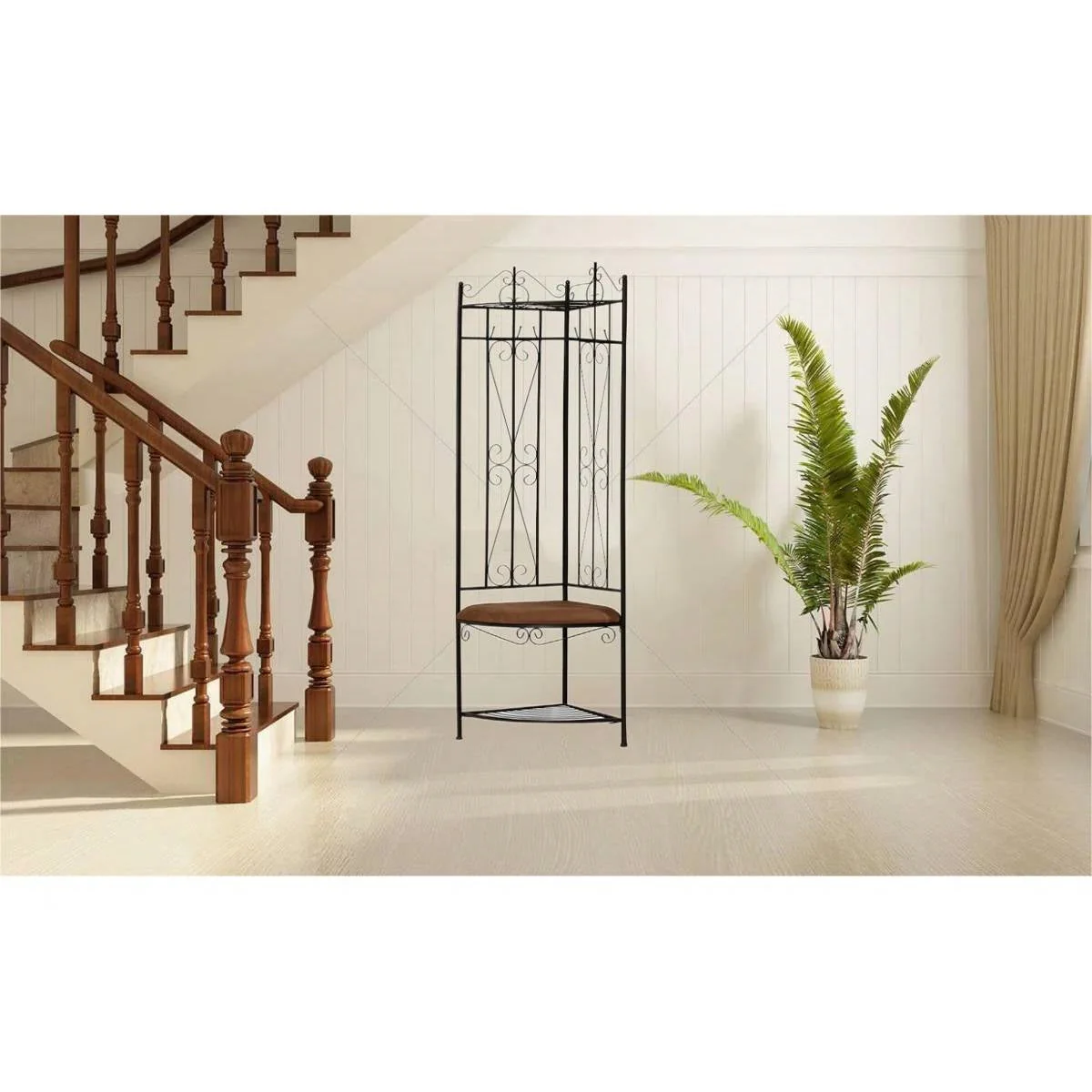 Black Metal Scrolling Corner Hall Tree Coat Rack Storage Bench - Image 2
