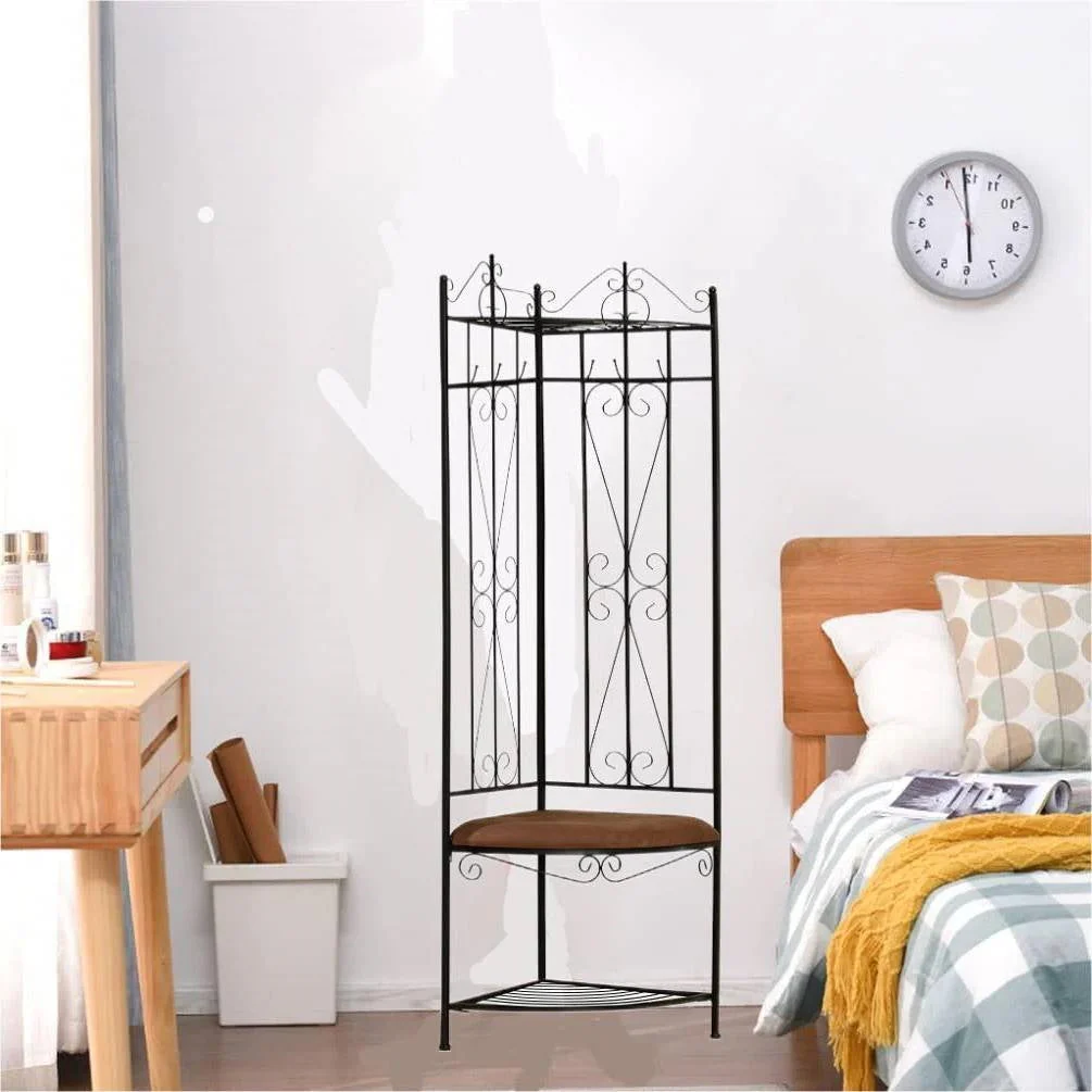 Black Metal Scrolling Corner Hall Tree Coat Rack Storage Bench - Image 3