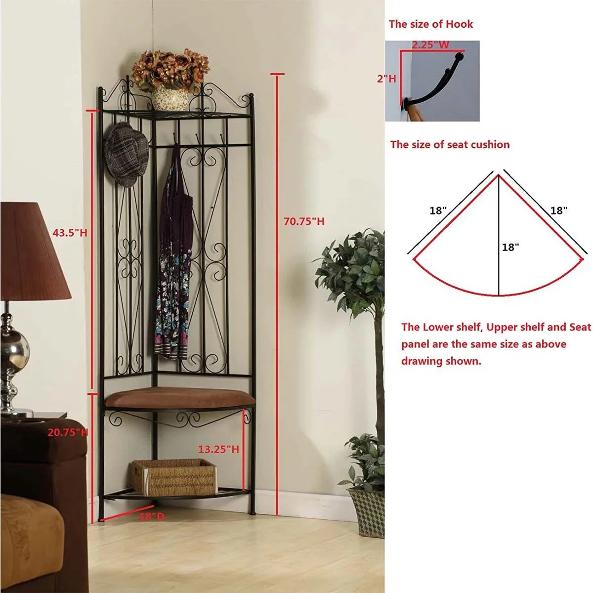 Black Metal Scrolling Corner Hall Tree Coat Rack Storage Bench - Image 5