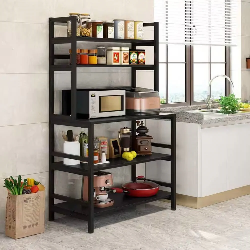 Black Metal Wood Freestanding Kitchen Shelf Bakers Rack Microwave Stand - Image 2