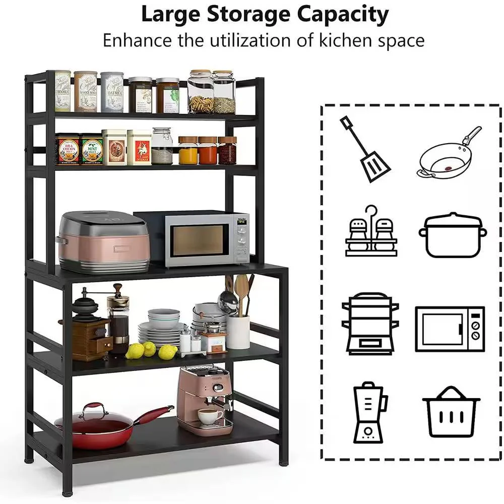 Black Metal Wood Freestanding Kitchen Shelf Bakers Rack Microwave Stand - Image 4