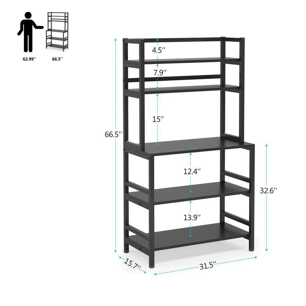 Black Metal Wood Freestanding Kitchen Shelf Bakers Rack Microwave Stand - Image 5
