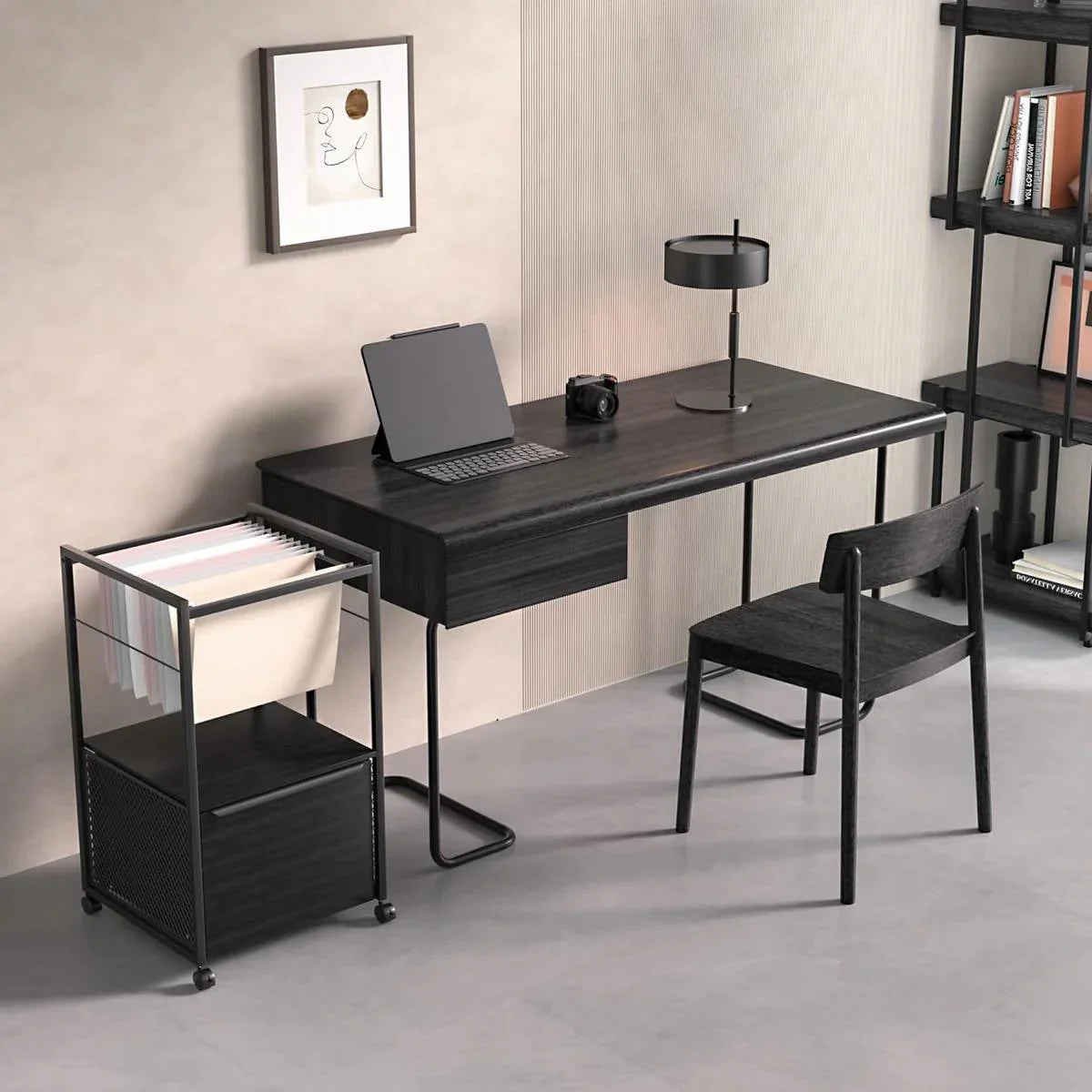 Black Metal Wood Rolling File Cabinet with Open File Hanging Bar - Image 2