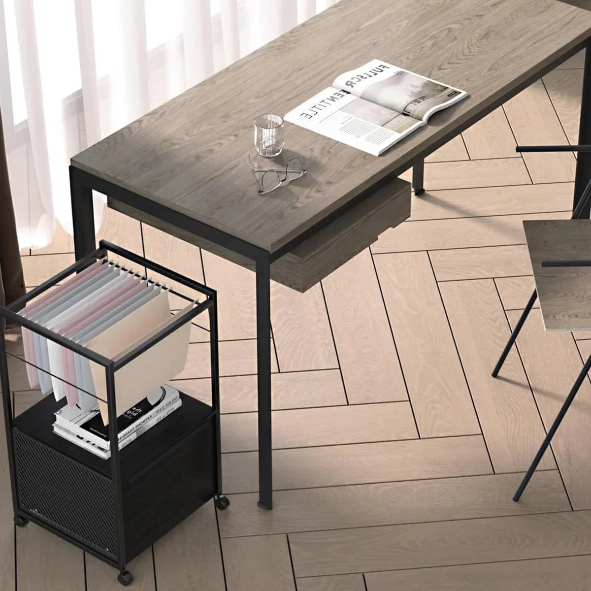 Black Metal Wood Rolling File Cabinet with Open File Hanging Bar - Image 4