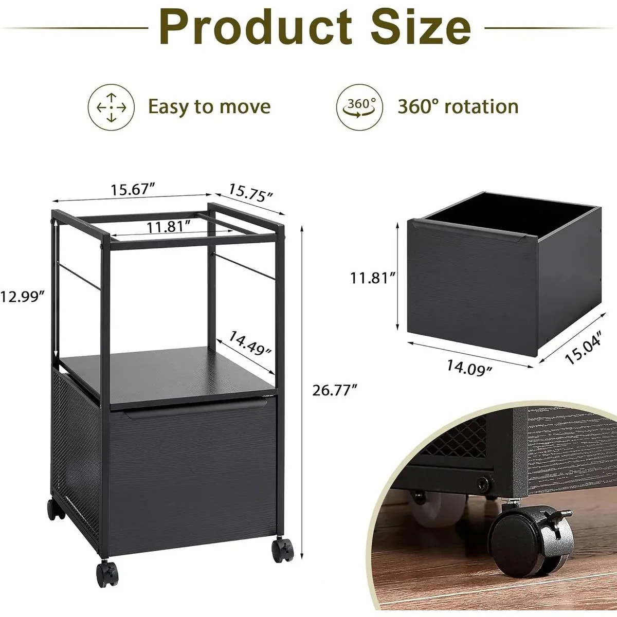 Black Metal Wood Rolling File Cabinet with Open File Hanging Bar - Image 5