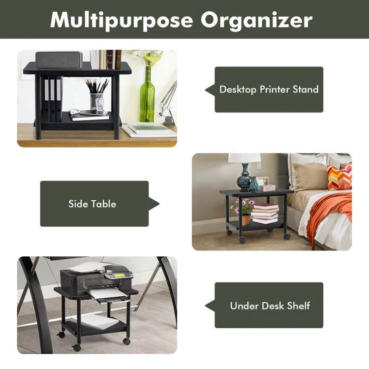 Black Multipurpose 2-Tiered Mobile Wheeled Printer Cart Stand - Image 2