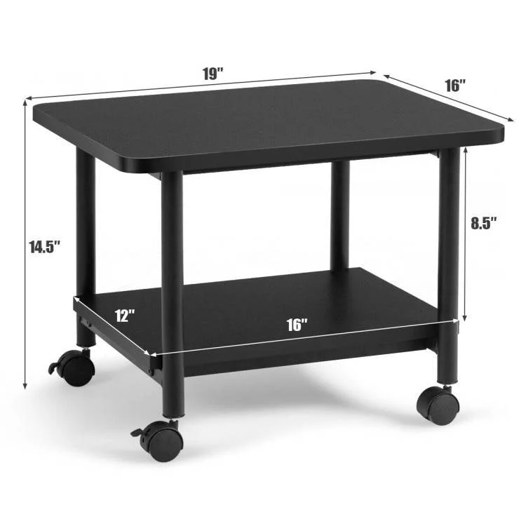 Black Multipurpose 2-Tiered Mobile Wheeled Printer Cart Stand - Image 3