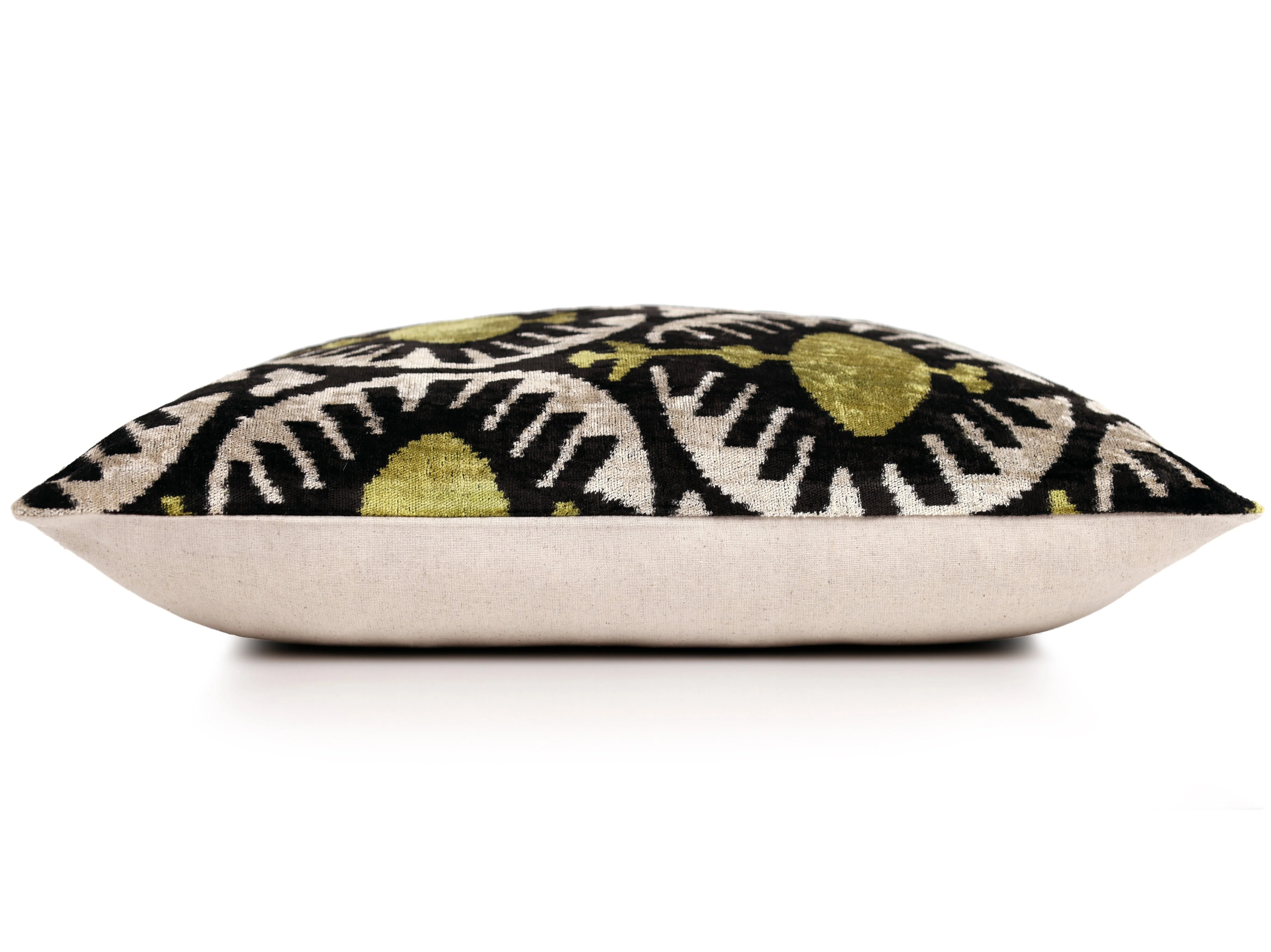 Black & Olive Ikat Velvet Pillow – Handmade 16x24 Medallion Design - Image 3