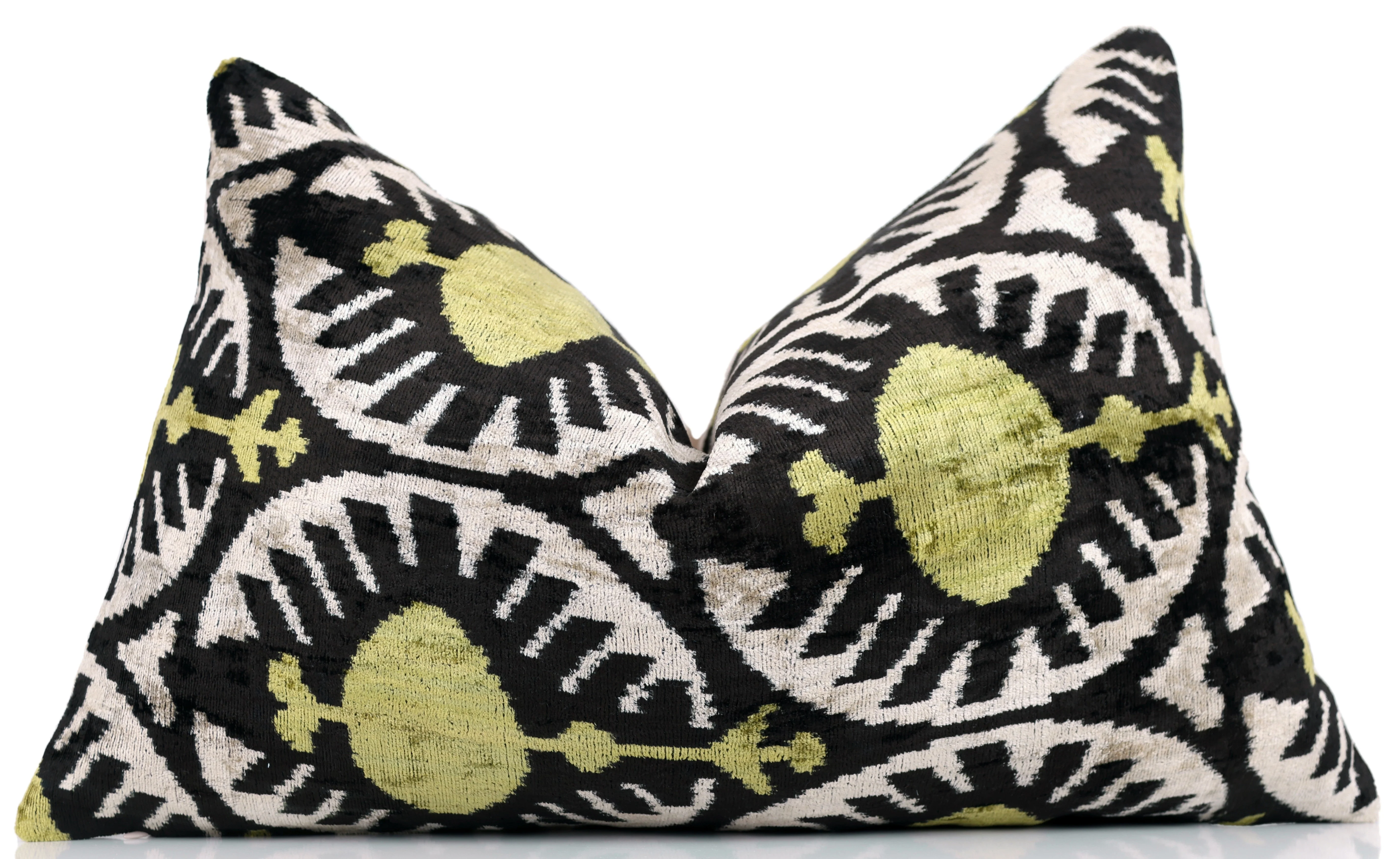 Black & Olive Ikat Velvet Pillow – Handmade 16x24 Medallion Design - Image 5