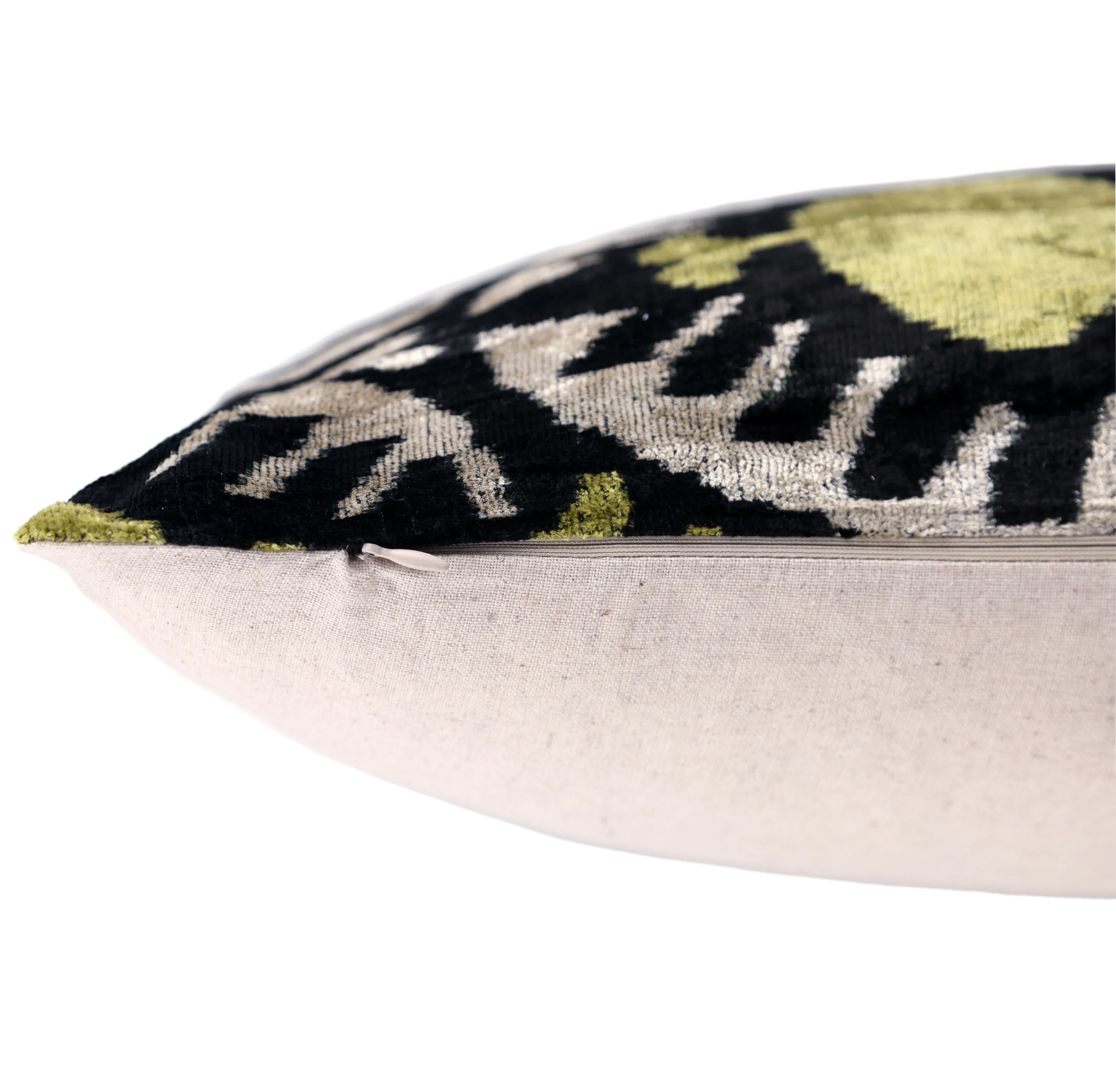 Black & Olive Ikat Velvet Pillow – Handmade 16x24 Medallion Design - Image 6
