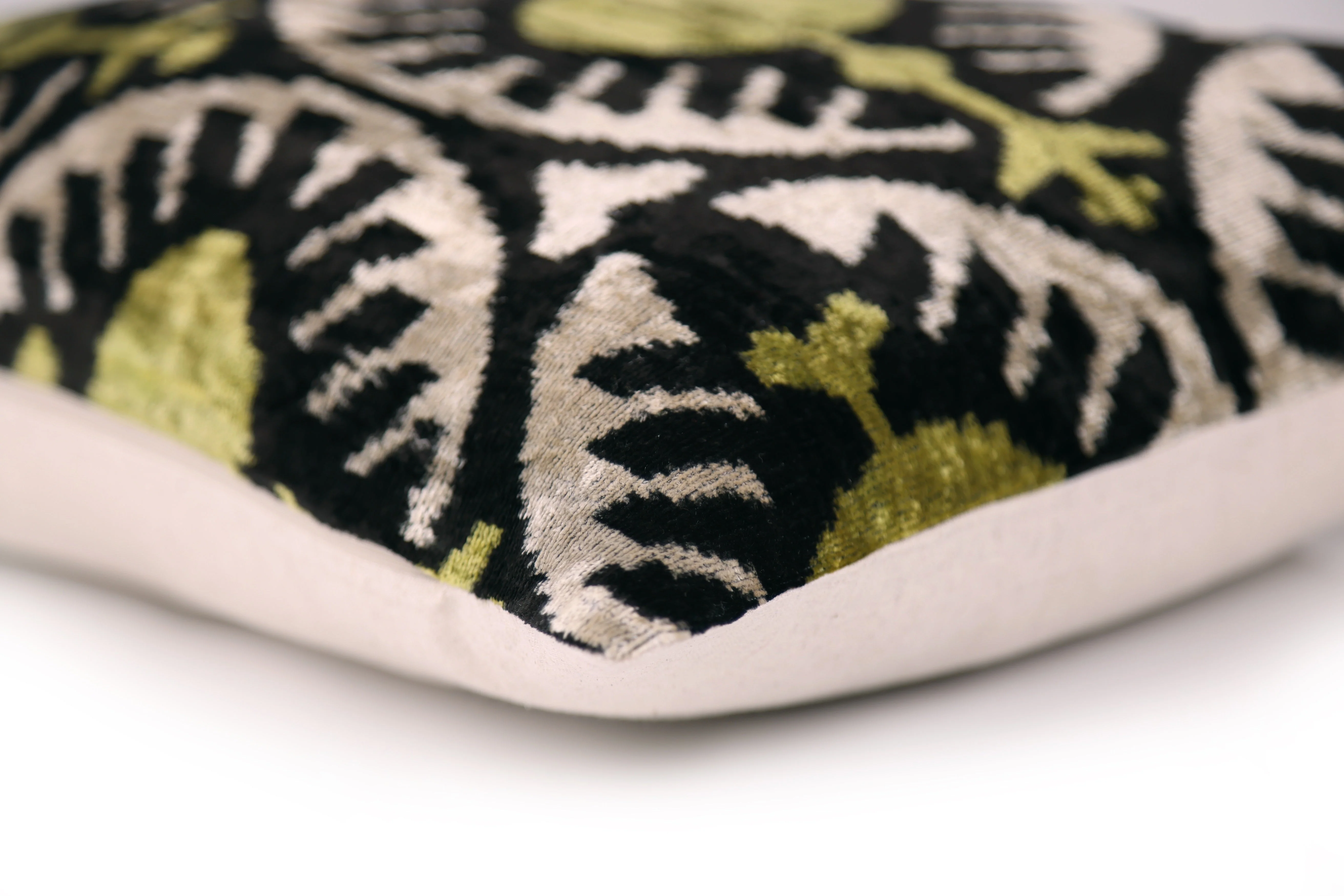 Black & Olive Ikat Velvet Pillow – Handmade 16x24 Medallion Design - Image 8