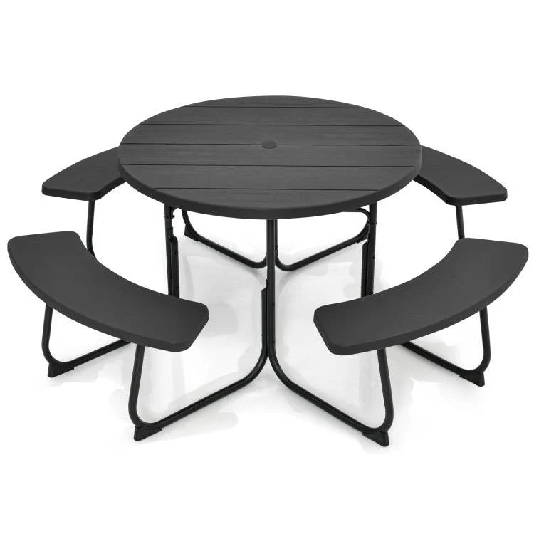 Black Outdoor Metal and HDPE Picnic Table Bench Set with Umbrella Hole - Seats 8 - Image 2