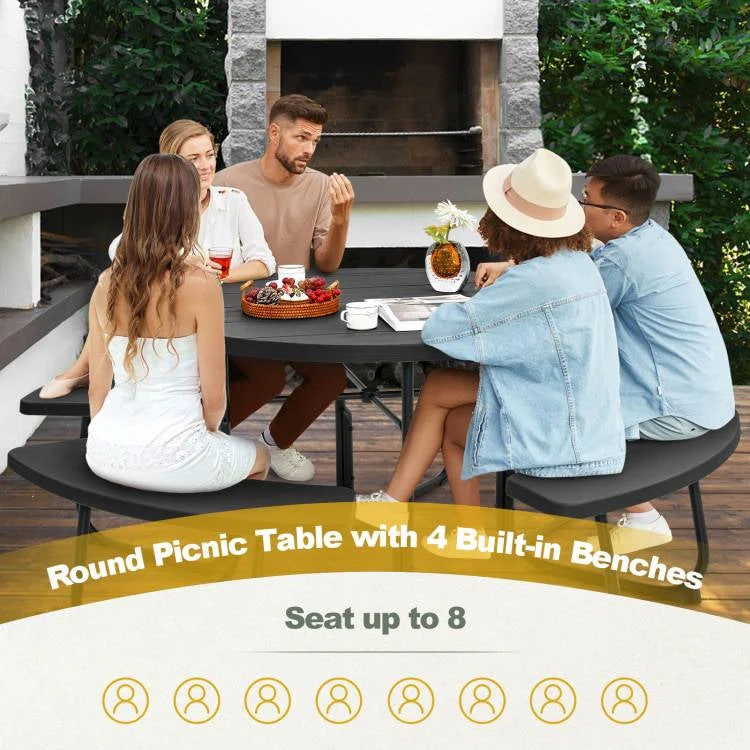 Black Outdoor Metal and HDPE Picnic Table Bench Set with Umbrella Hole - Seats 8 - Image 3