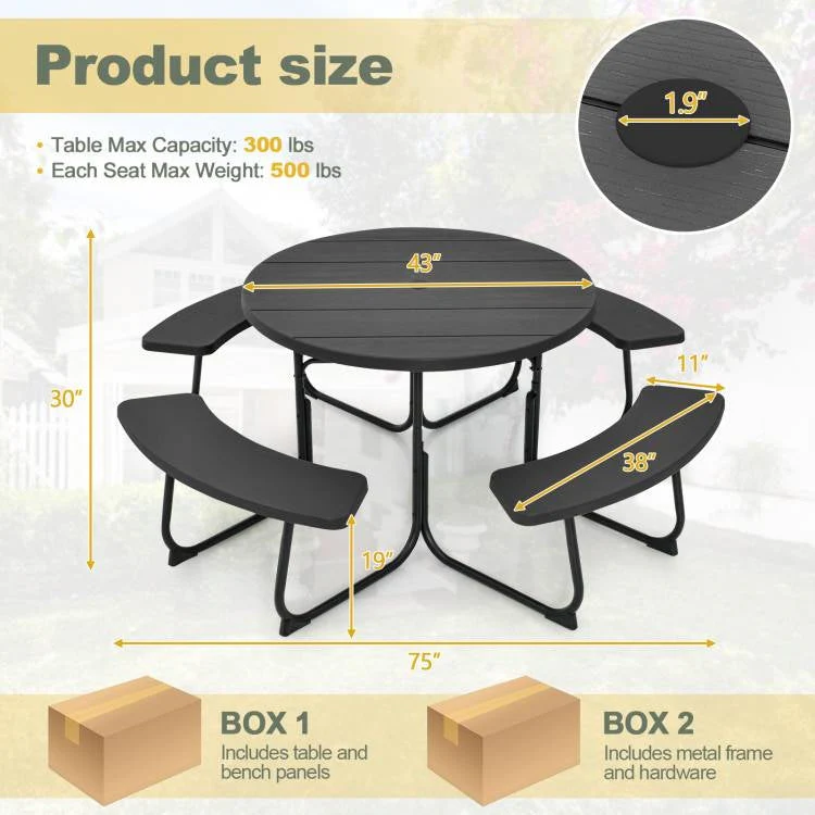Black Outdoor Metal and HDPE Picnic Table Bench Set with Umbrella Hole - Seats 8 - Image 4