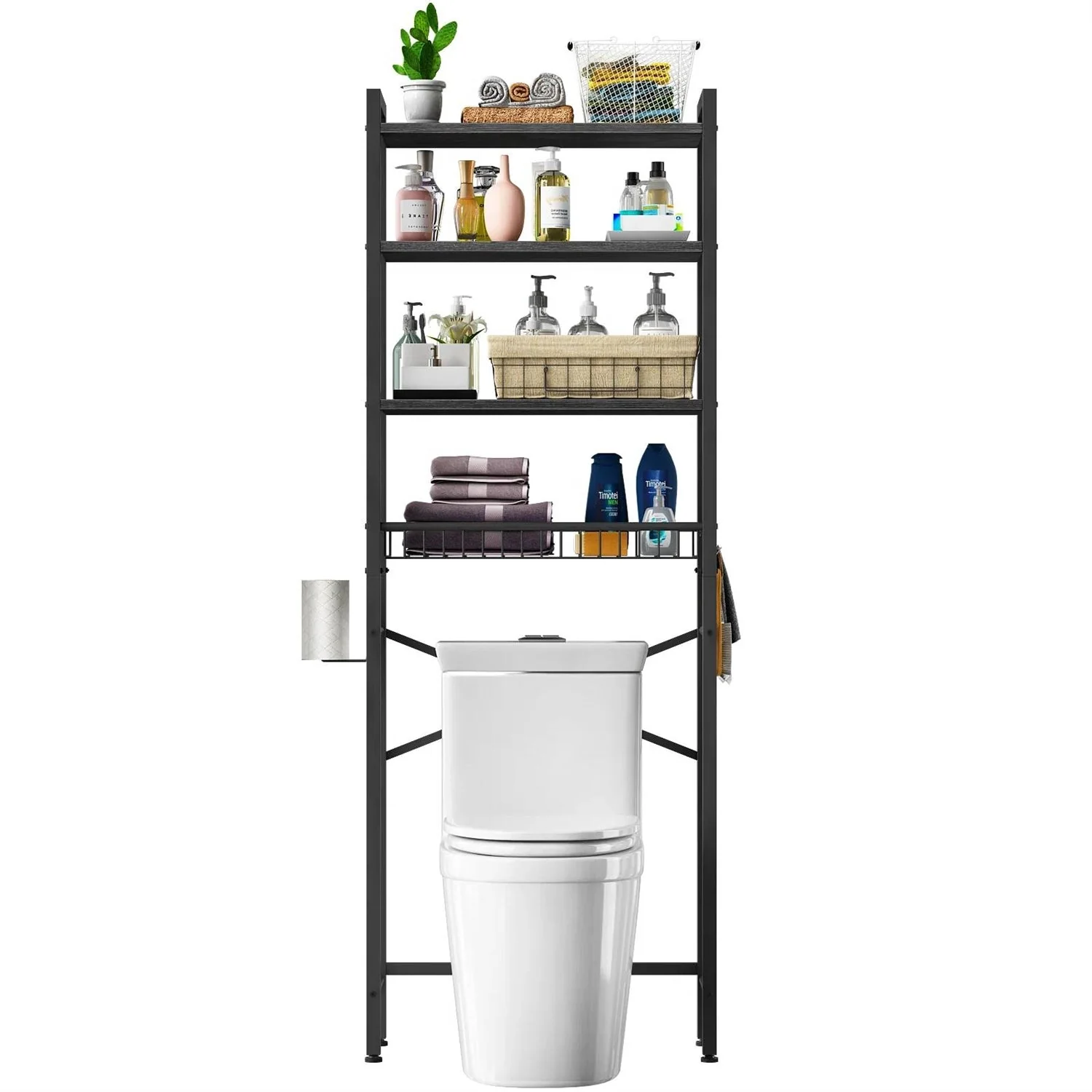 Black Over the Toilet Storage Freestanding Industrial Metal Wood Shelving Unit - Image 2