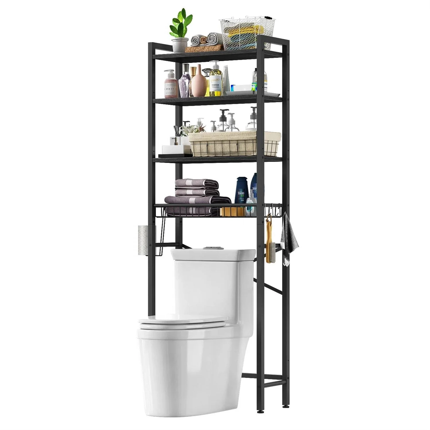 Black Over the Toilet Storage Freestanding Industrial Metal Wood Shelving Unit - Image 3