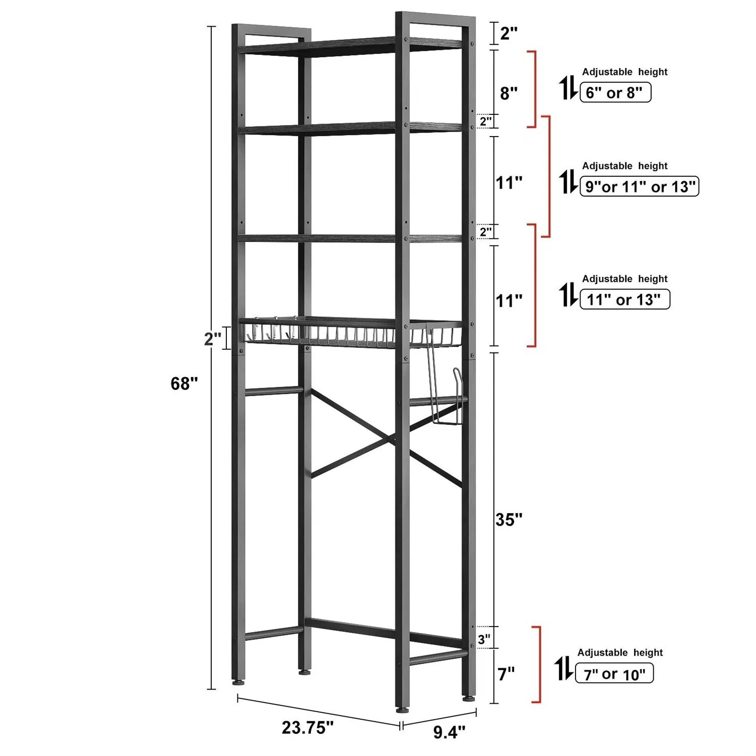 Black Over the Toilet Storage Freestanding Industrial Metal Wood Shelving Unit - Image 5