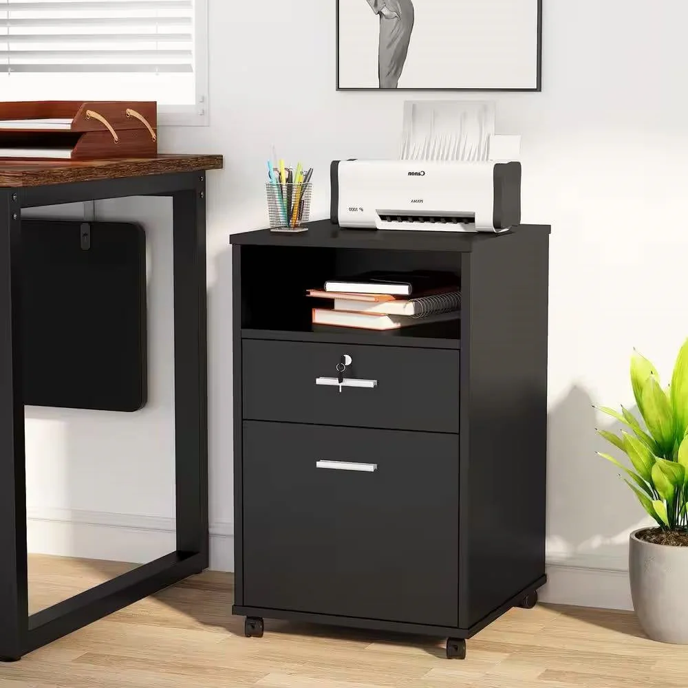 Black Rolling 2-Drawer Mobile File Cabinet Printer Stand Office Cart on Wheels - Image 2