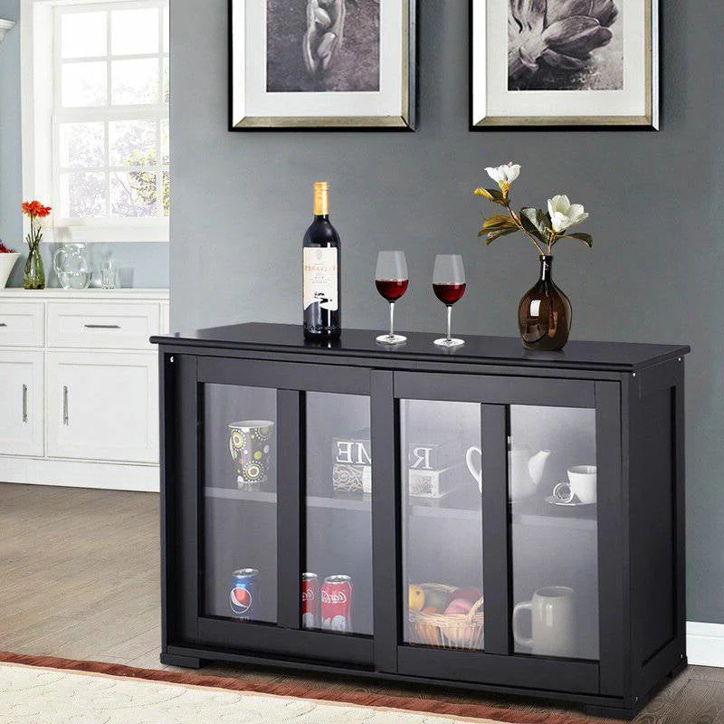 Black Sideboard Buffet Dining Storage Cabinet with 2 Glass Sliding Doors - Image 3