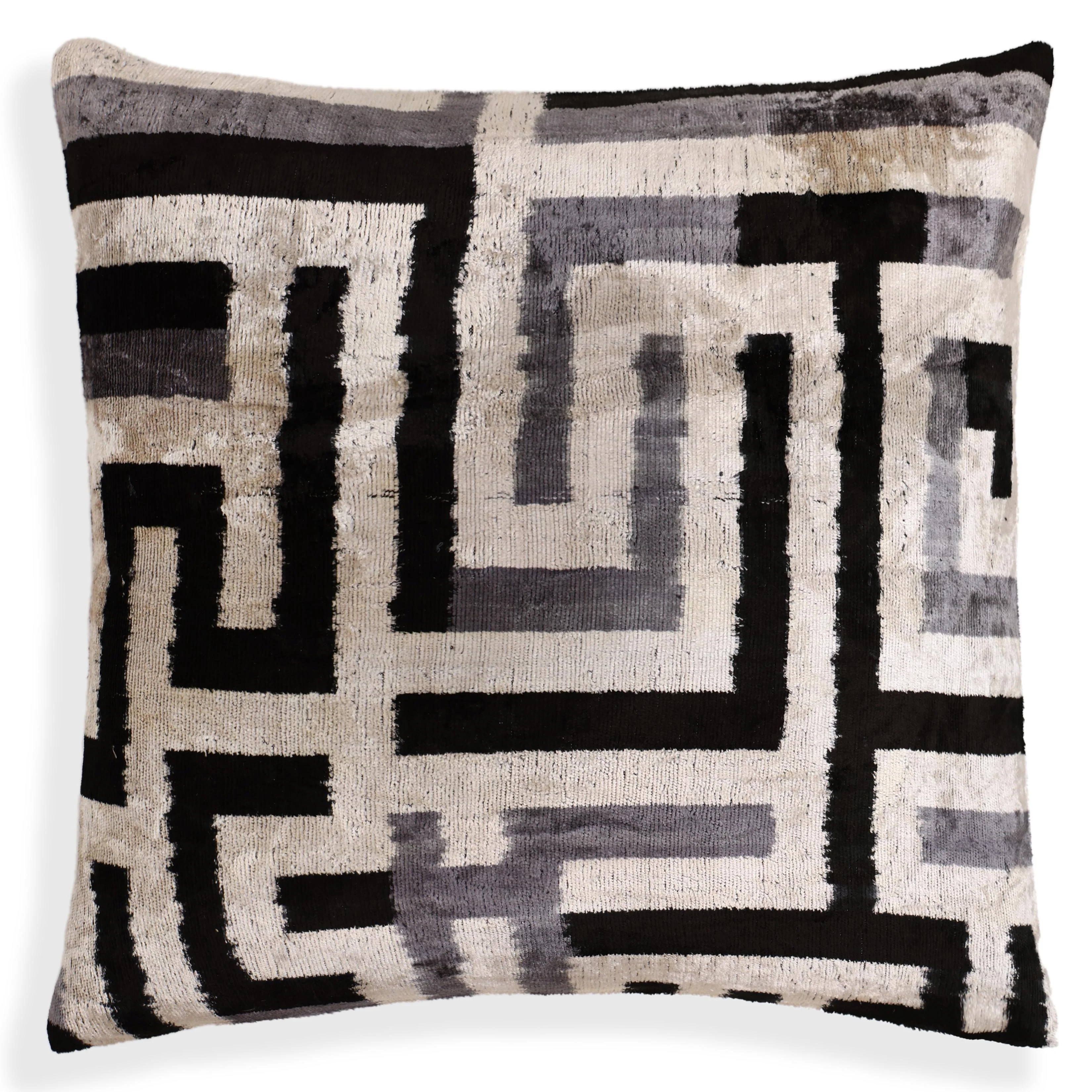 Black & Silver Maze Silk Velvet Pillow 16x16 Handmade Luxury Cushion