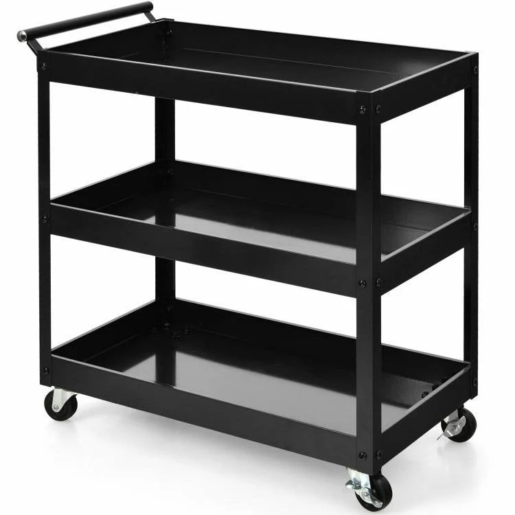 Black Steel Frame Kitchen Serving Utility Cart on Wheels with 2 Bottom Shelves - Image 2