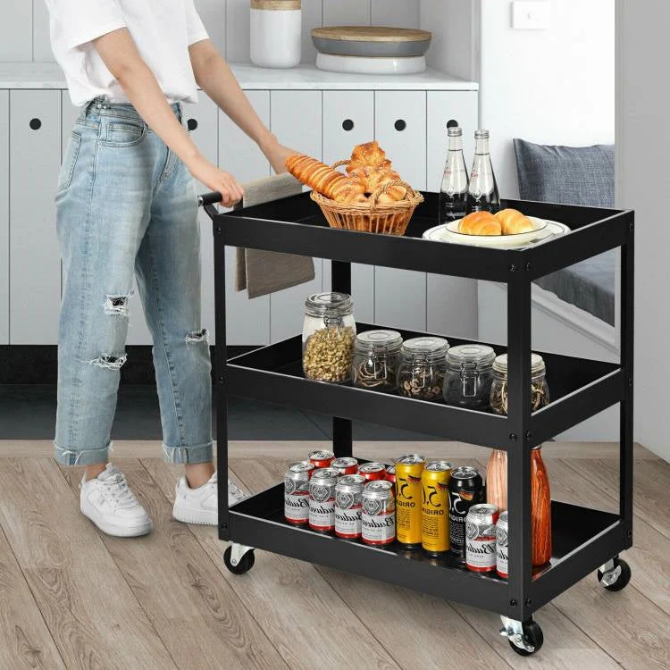Black Steel Frame Kitchen Serving Utility Cart on Wheels with 2 Bottom Shelves - Image 3