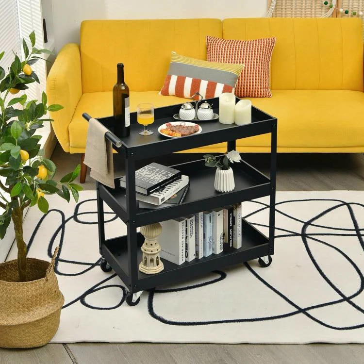 Black Steel Frame Kitchen Serving Utility Cart on Wheels with 2 Bottom Shelves - Image 4