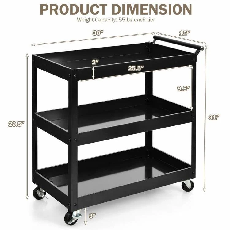 Black Steel Frame Kitchen Serving Utility Cart on Wheels with 2 Bottom Shelves - Image 5
