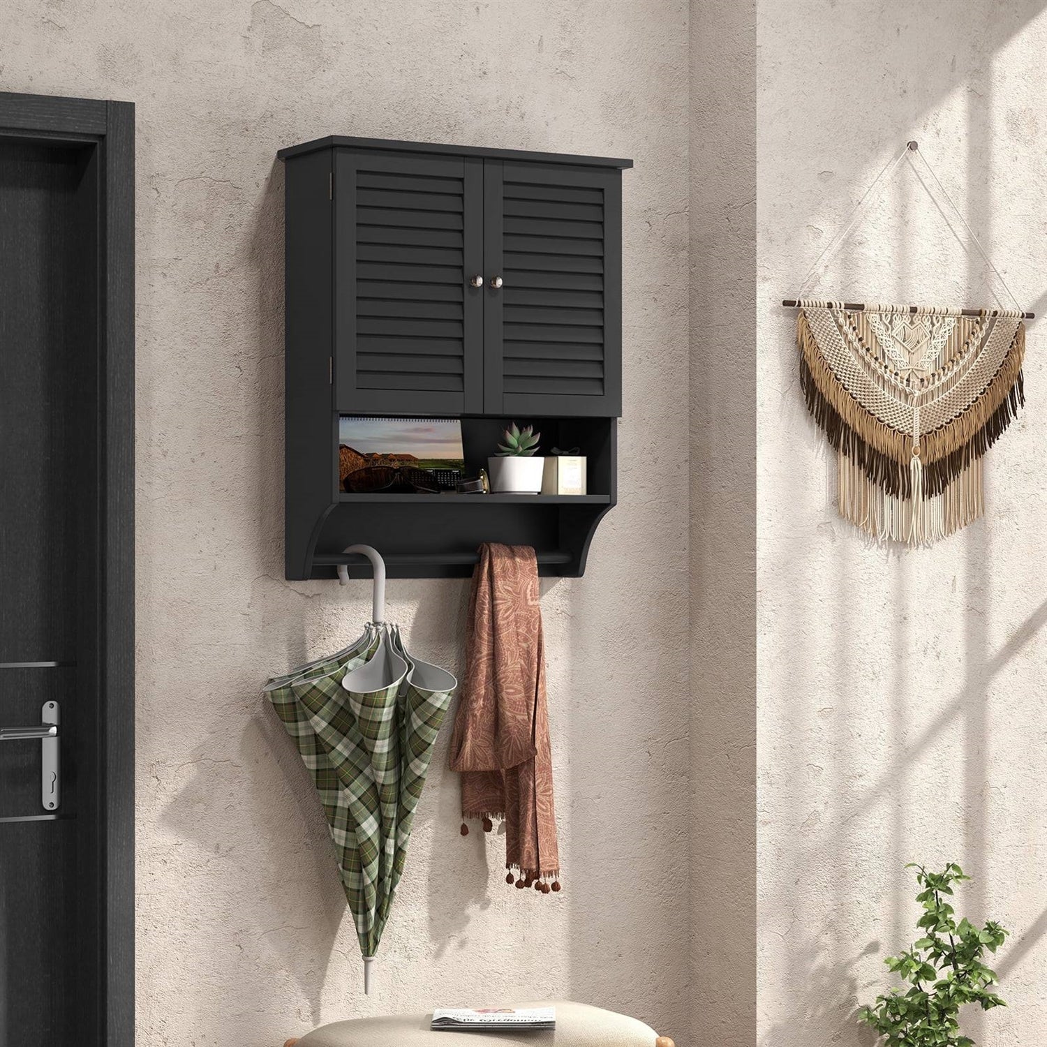 Black Wall-Mounted Bathroom Medicine Cabinet with Louver Doors and Towel Bar - Image 2