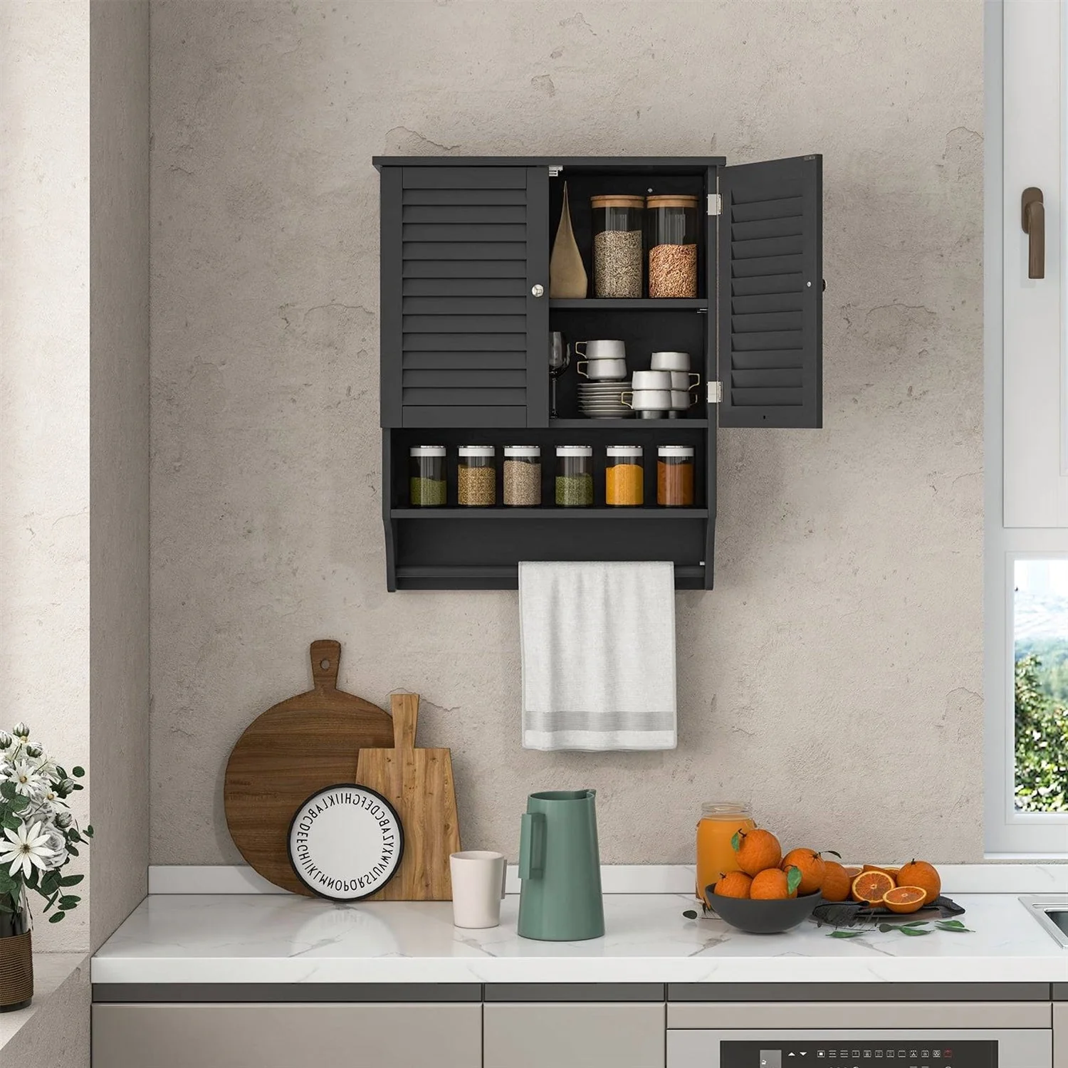 Black Wall-Mounted Bathroom Medicine Cabinet with Louver Doors and Towel Bar - Image 3