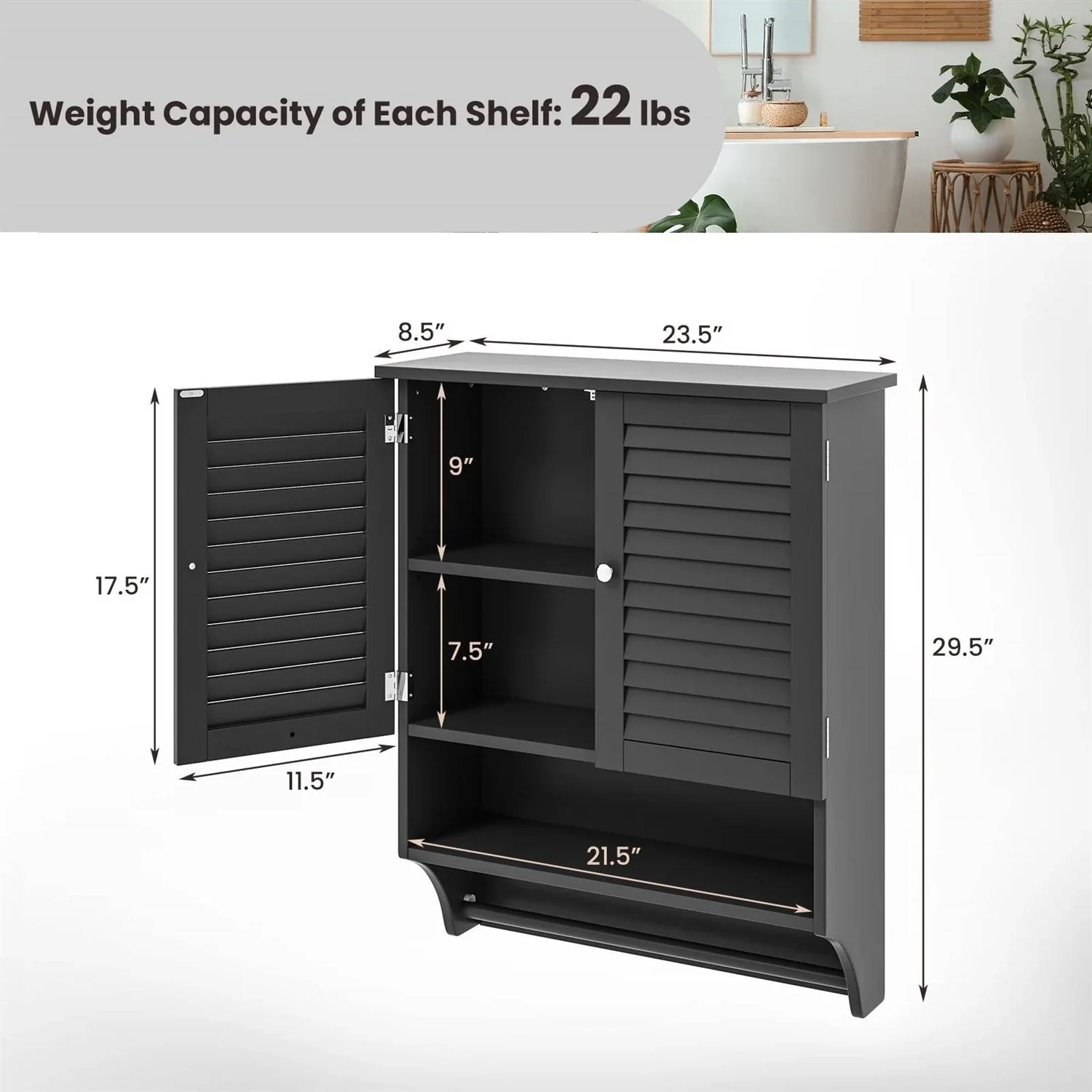 Black Wall-Mounted Bathroom Medicine Cabinet with Louver Doors and Towel Bar - Image 4