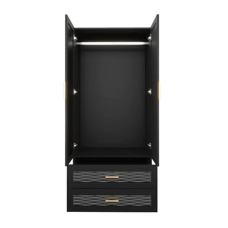 Black Wardrobe Armoire Cabinet with Mirror Hanging Rod and Storage Drawers - Image 2
